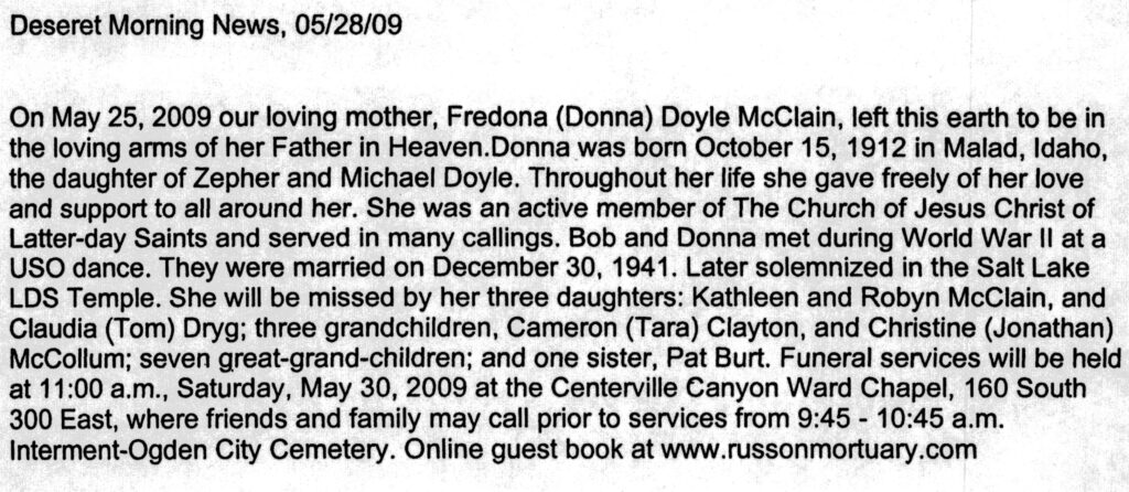 Fredona Doyle (Donna) McClain obit2
