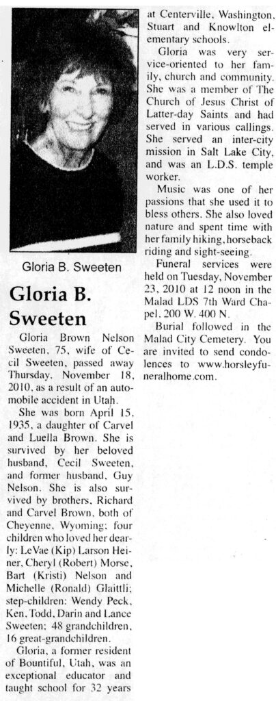 Gloria Brown Nelson Sweeten obit