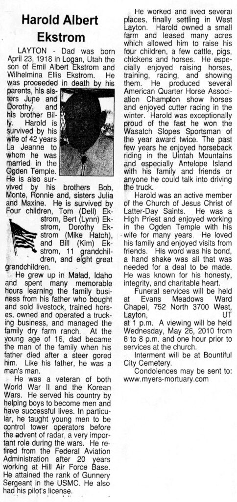 Harold Albert Ekstrom obit
