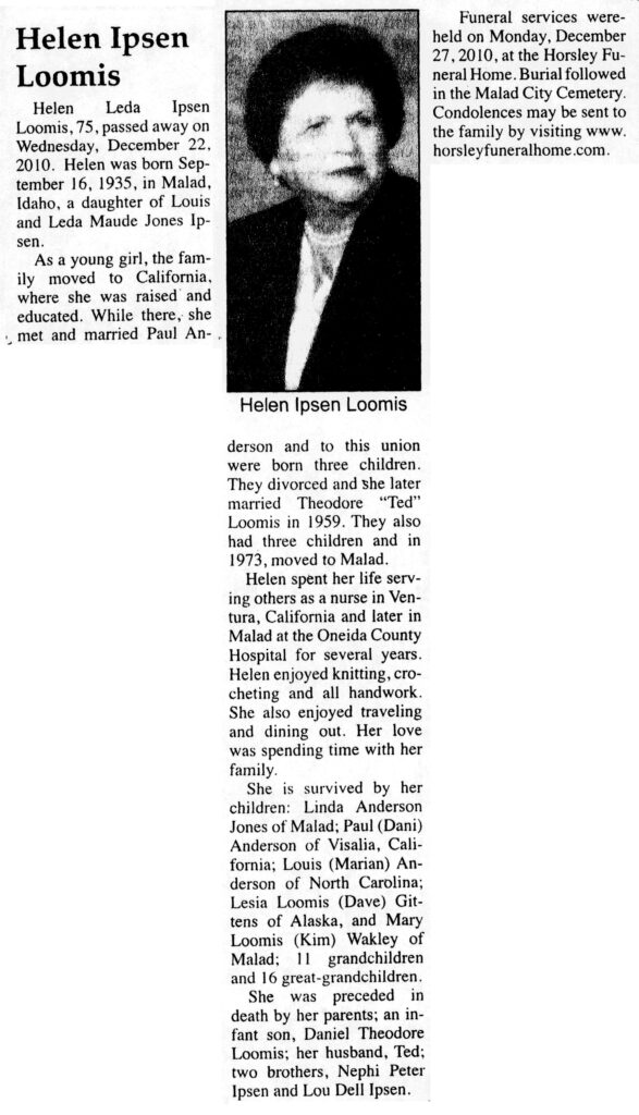 Helen Leda Ipsen Loomis obit