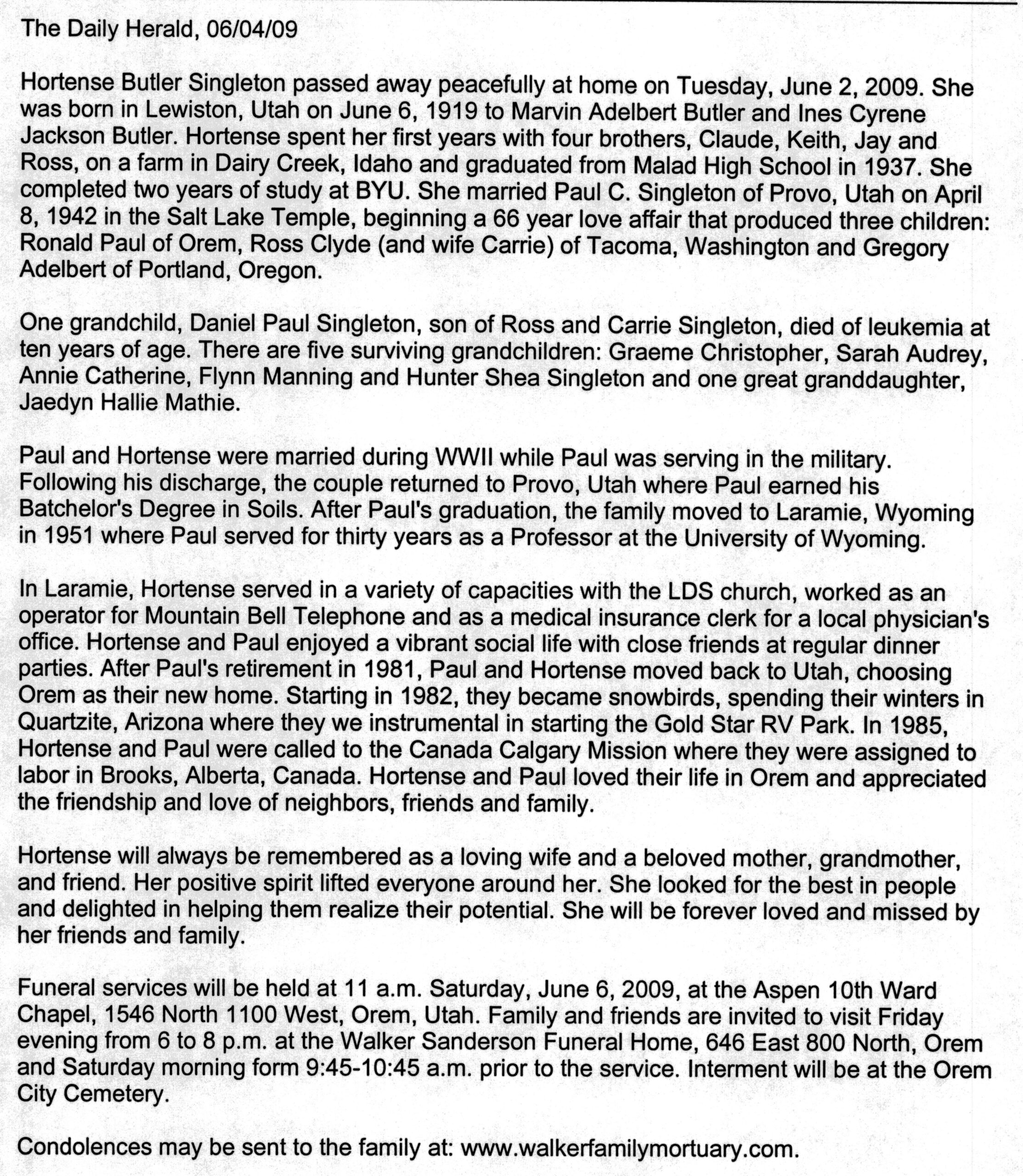 Hortense Butler Singleton obit