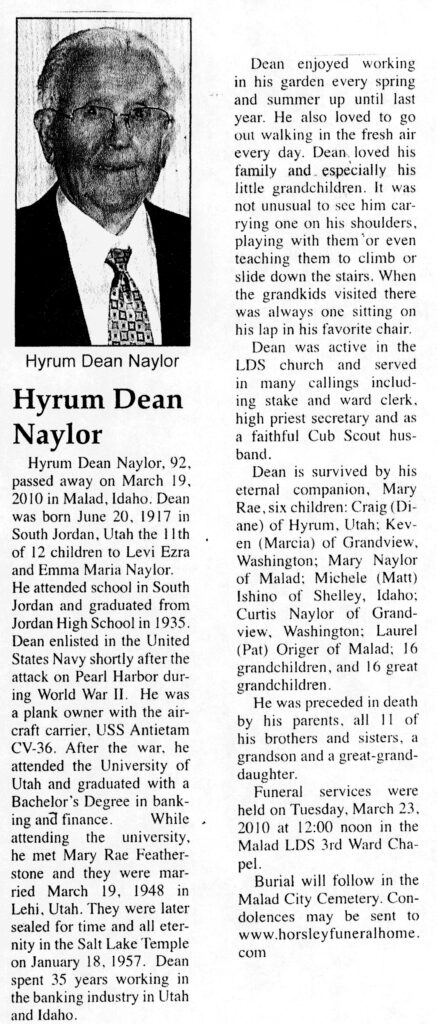 Hyrum Dean Naylor obit