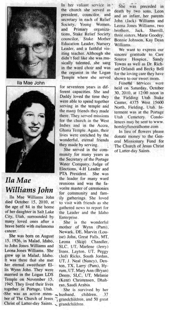 Ila Mae Williams John obit