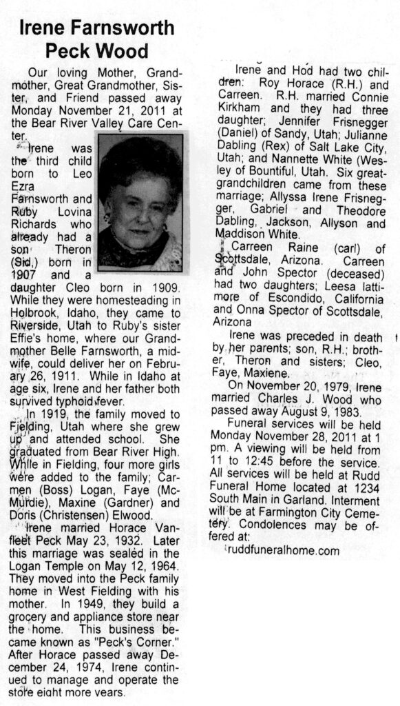 Irene Farnsworth Peck Wood obit