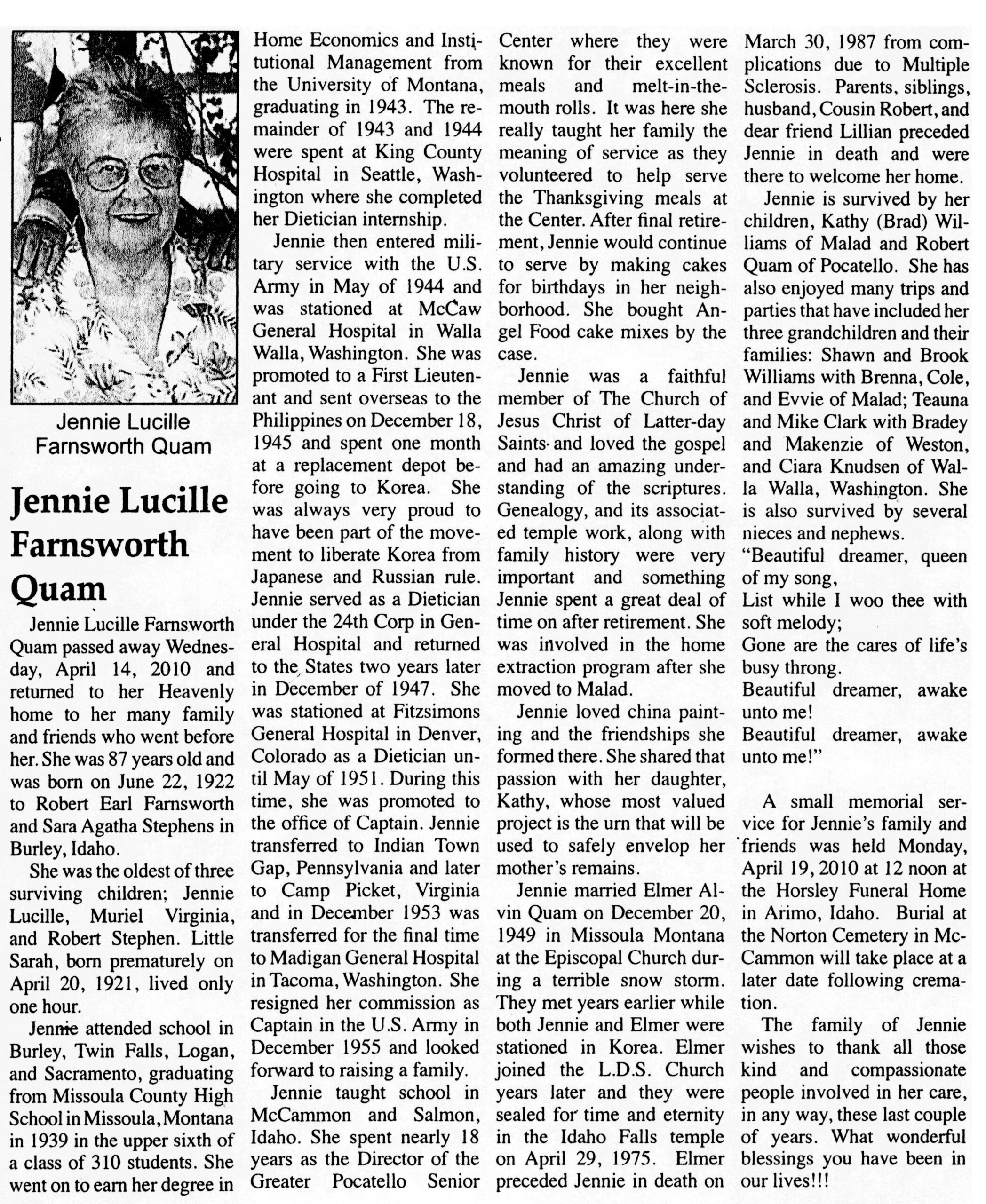 Jennie Lucille Farnsworth Quam obit