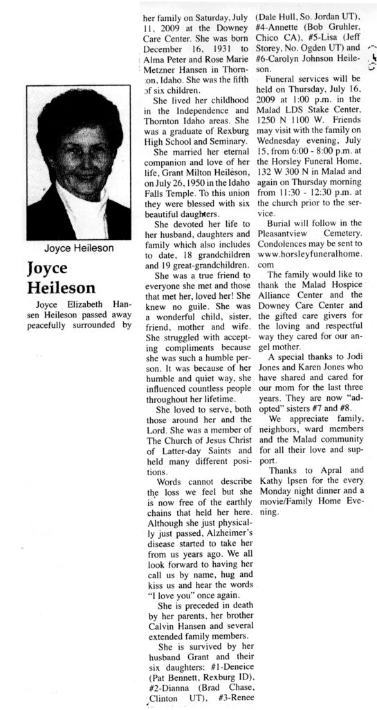 Joyce Elizabeth Hansen Heileson obit