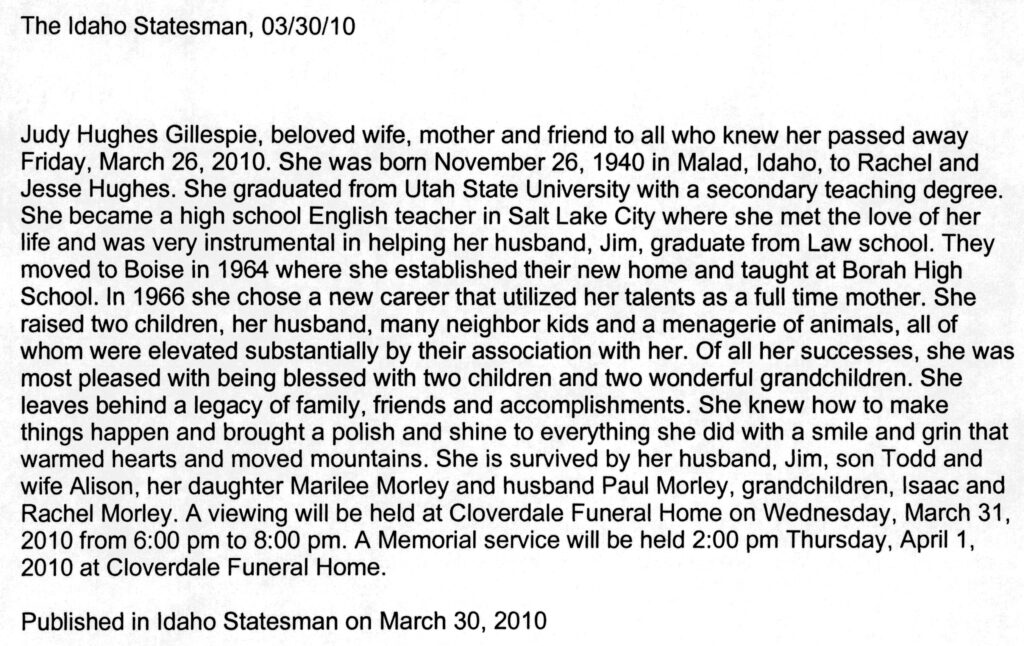 Judy Hughes Gillespie obit