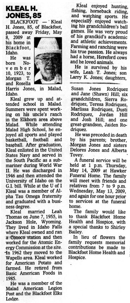 Kleal H Jones obit
