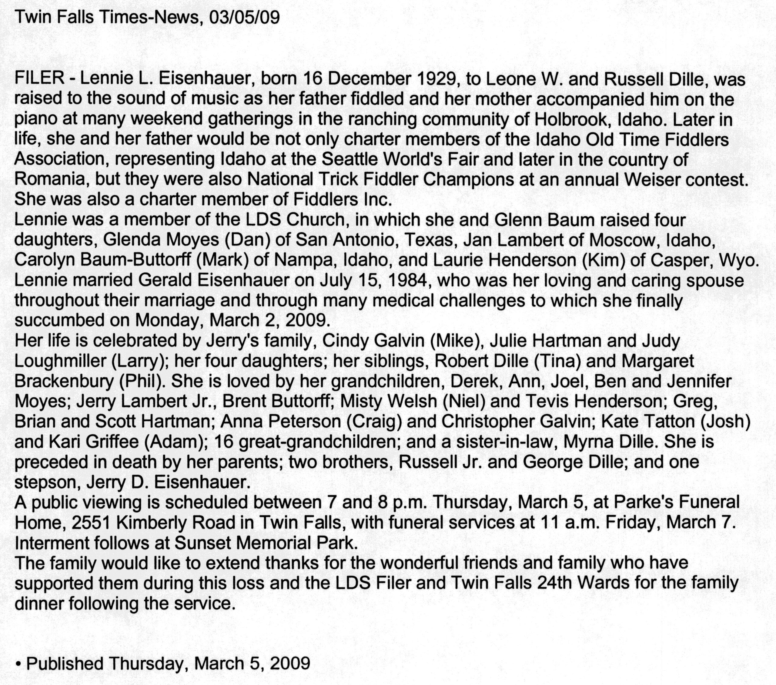 Lennie L Eisenhauer obit