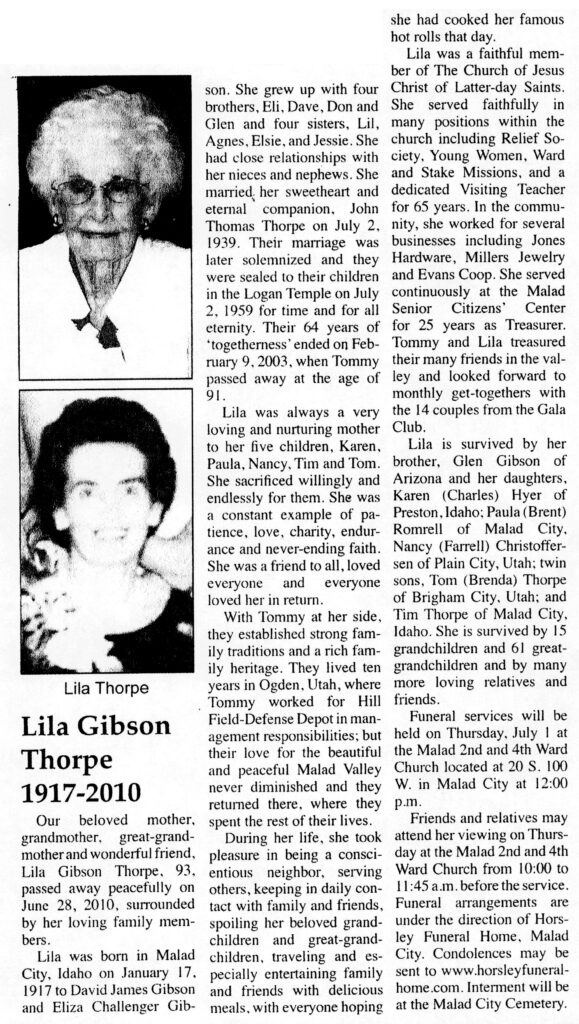 Lila Gibson Thorpe obit