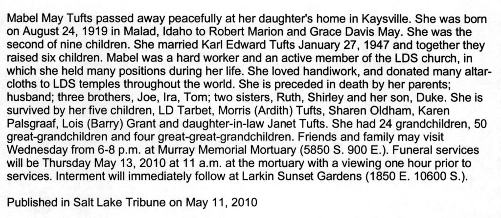 Mabel May Tufts obit