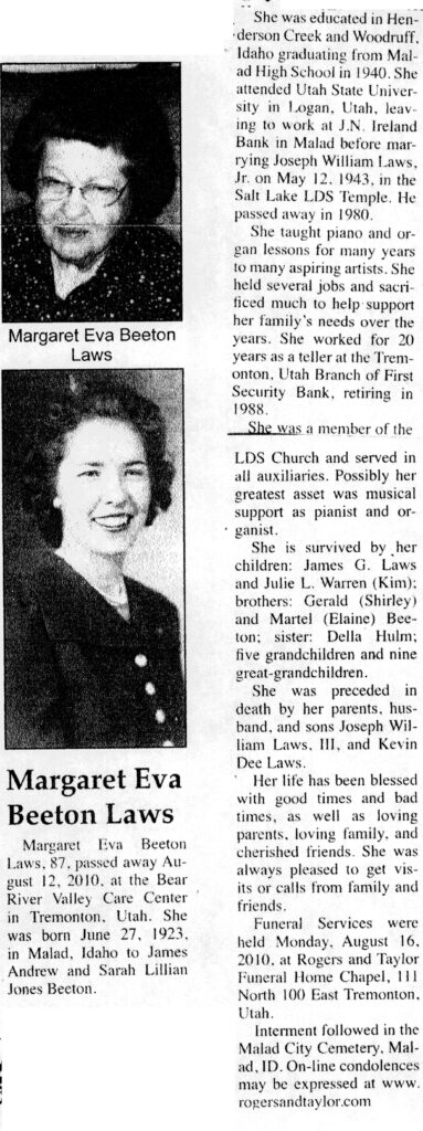 Margaret Eva Beeton Laws obit