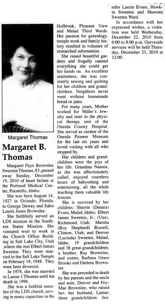 Margaret Faye Brownlee Sweeten Thomas obit