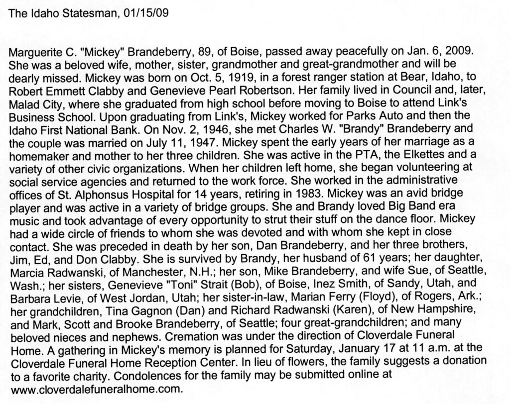 Marguerite C (Mickey) Brandeberry obit