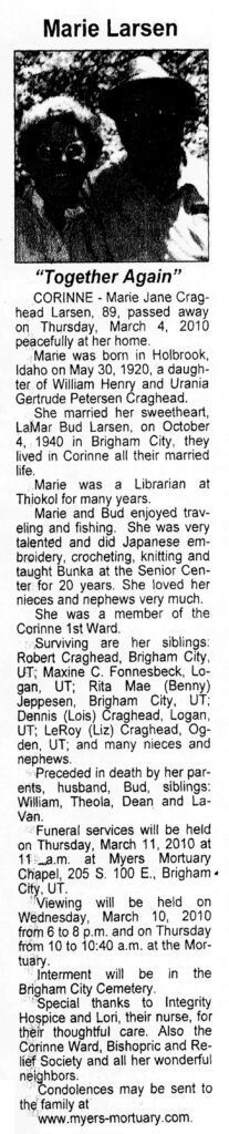 Marie Jane Craghead Larsen obit