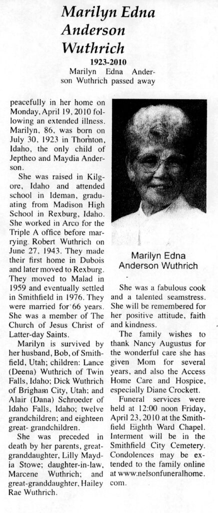 Marilyn Edna Anderson Wuthrich obit