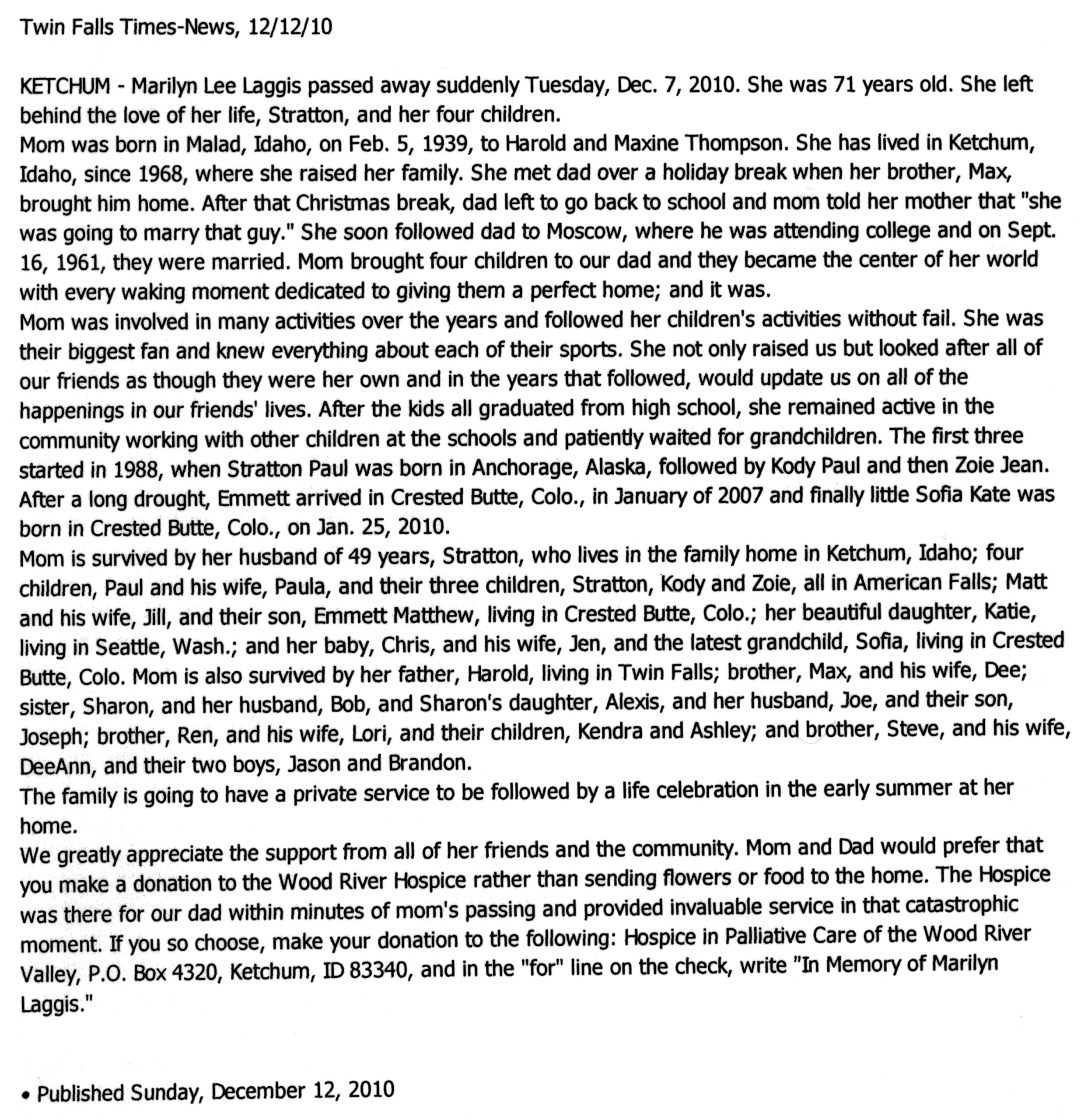 Marilyn Lee Laggis obit