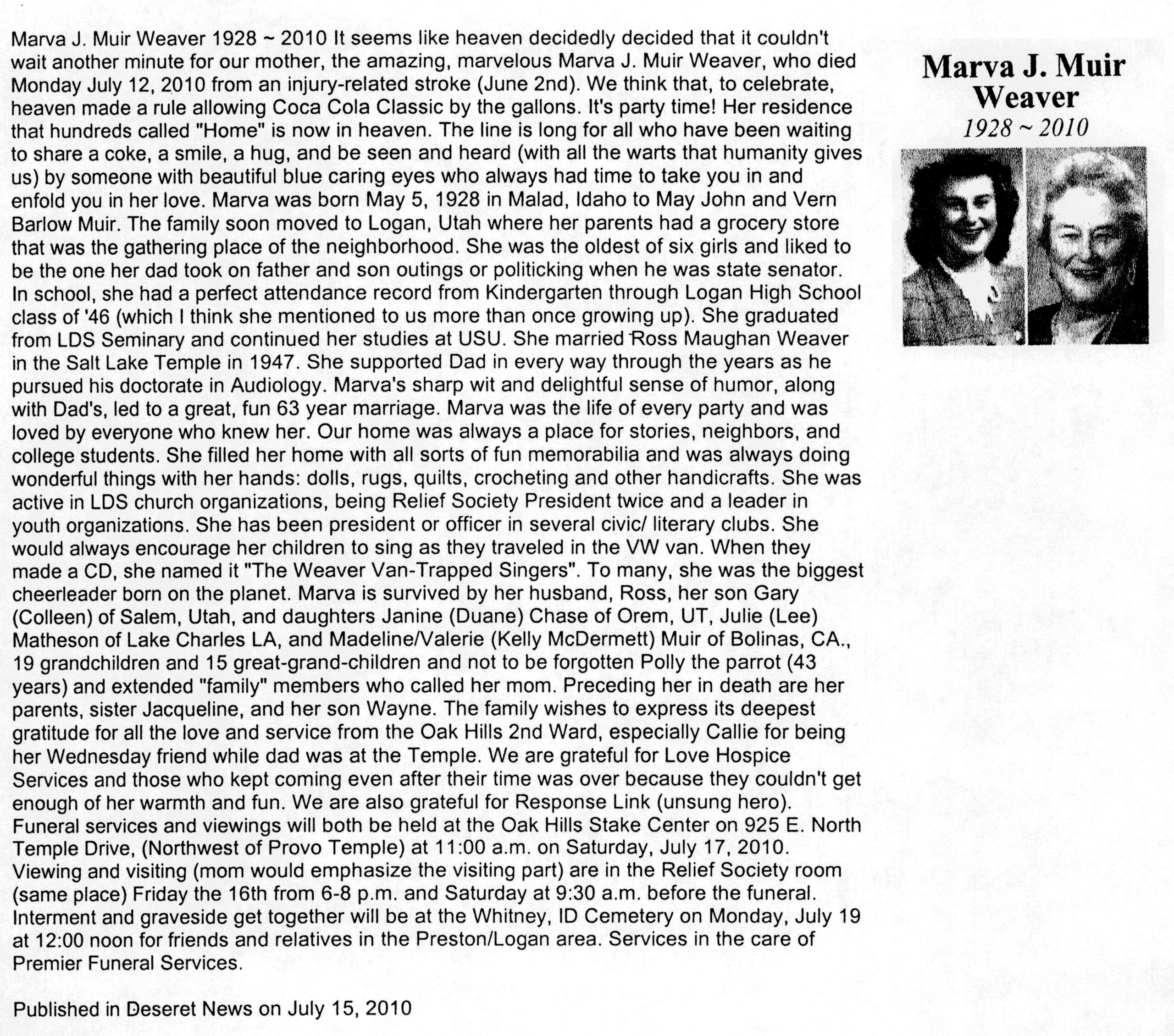 Marva J Muir Weaver obit