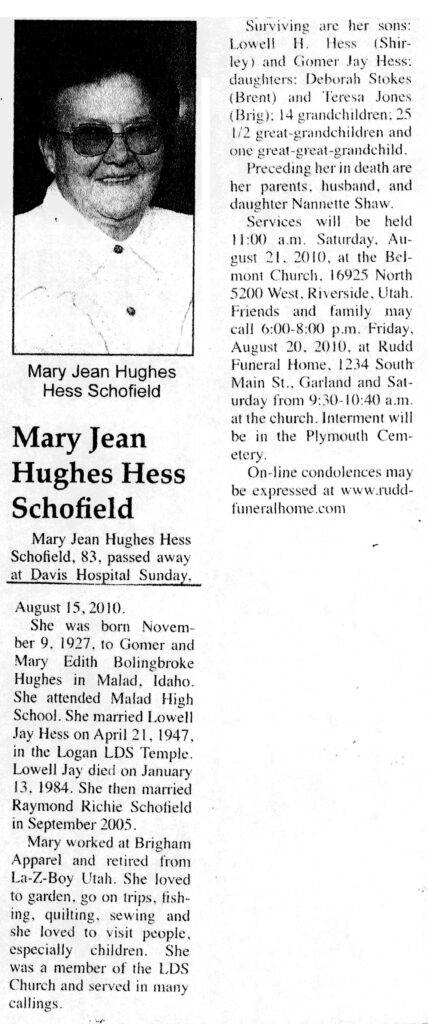 Mary Jean Hughes Hess Schofield obit