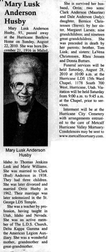 Mary Lusk Anderson Husby obit