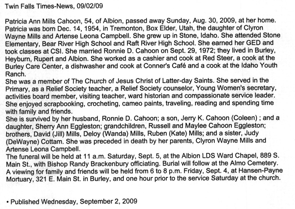 Patricia Ann Mills Cahoon obit