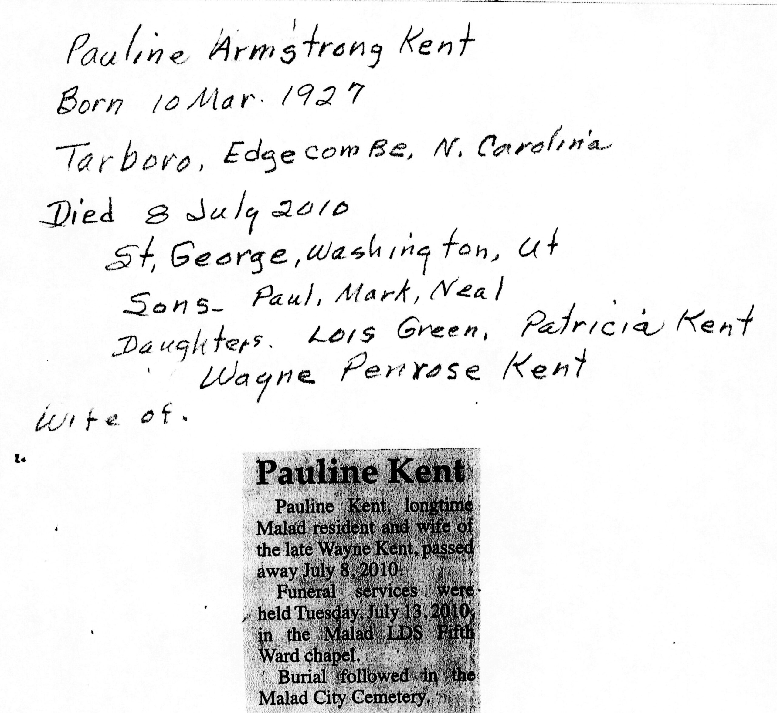 Pauline Armstrong Kent funeral notice