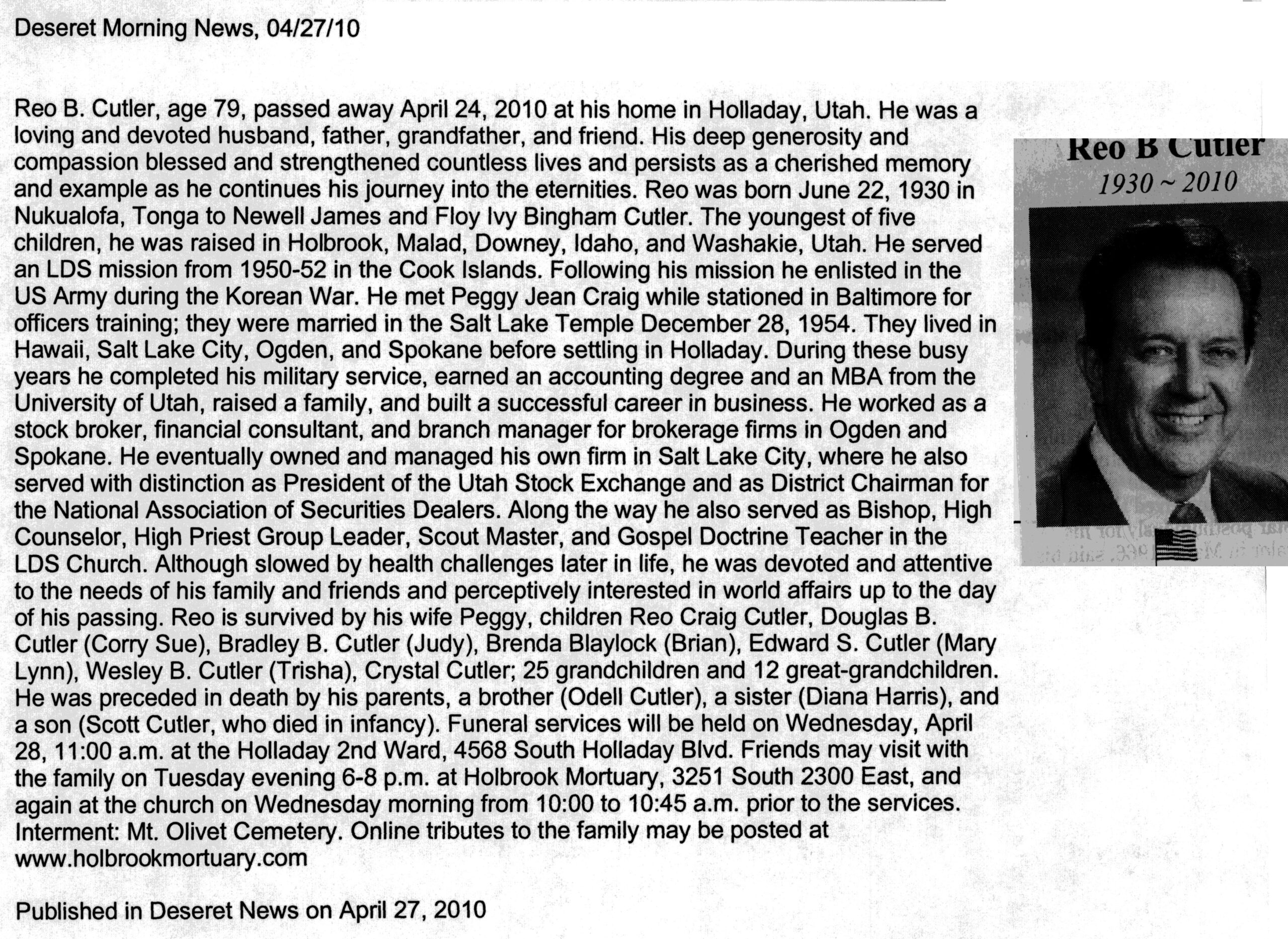 Reo B Cutler obit