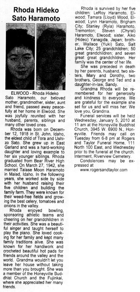 Rhoda Hideko Sato Haramoto obit