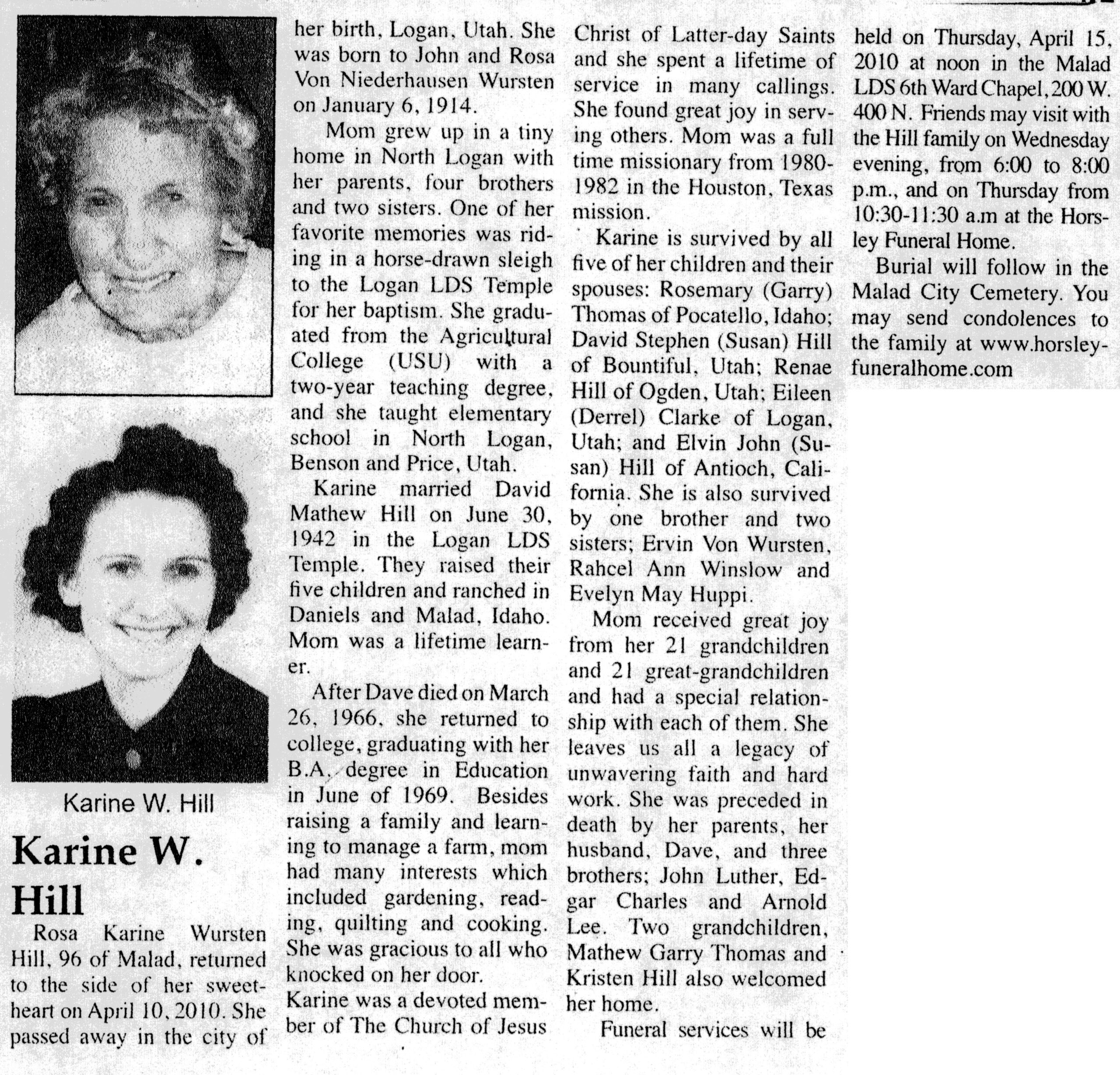 Rosa Karine Wursten Hill obit
