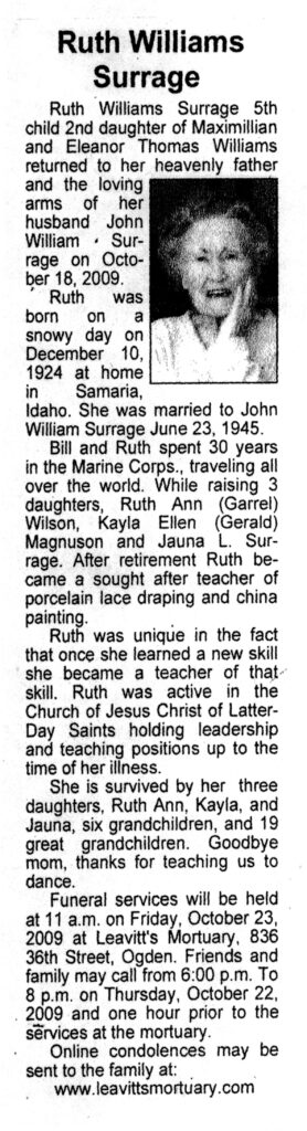 Ruth Williams Surrage obit
