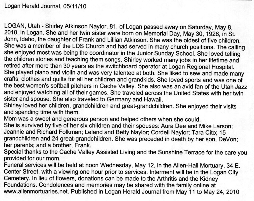 Shirley Atkinson Naylor obit