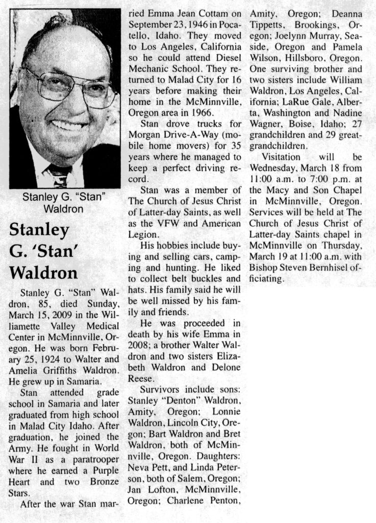 Stanley G (Stan) Waldron obit