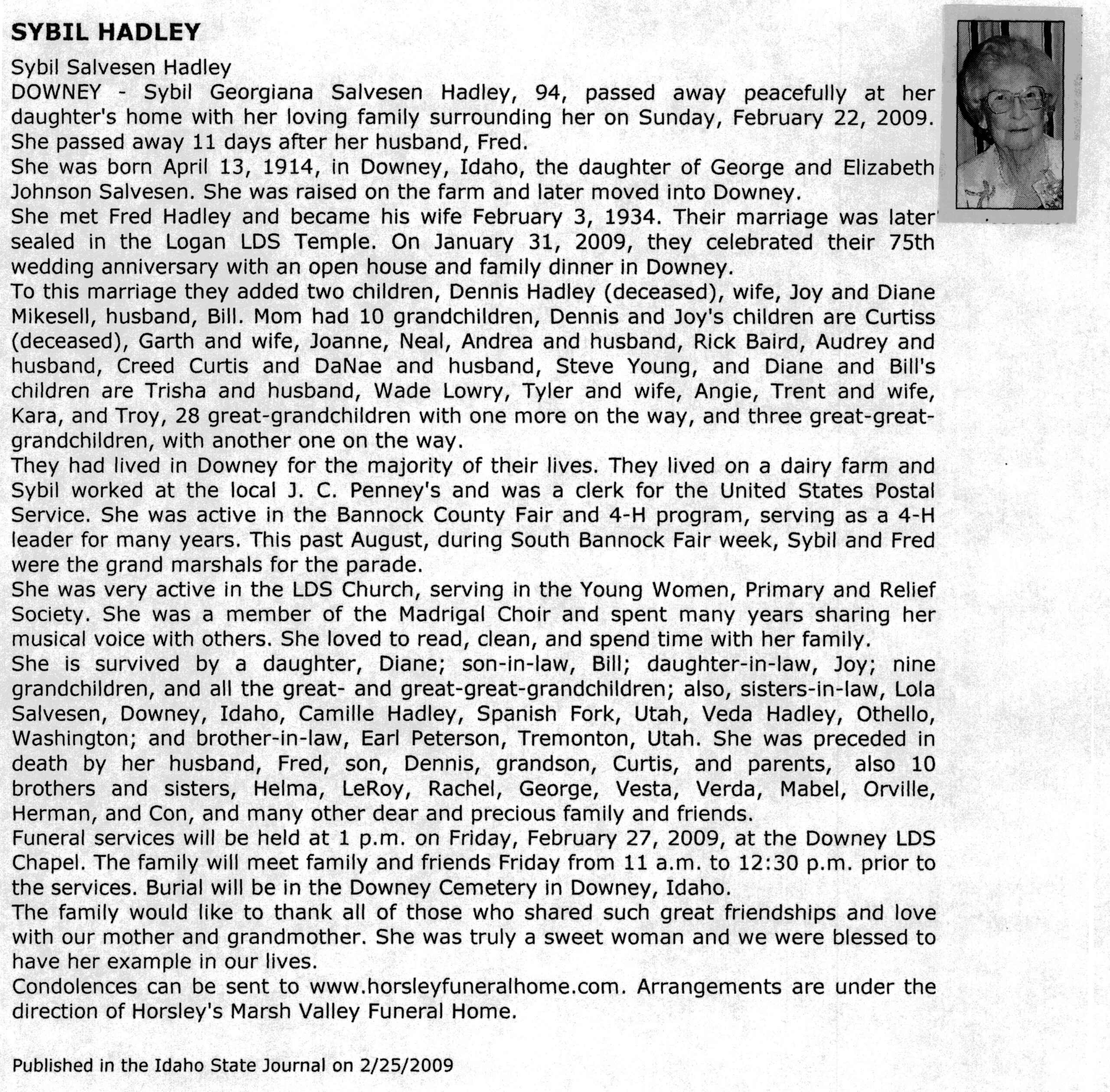 Sybil Salvesen Hadley obit