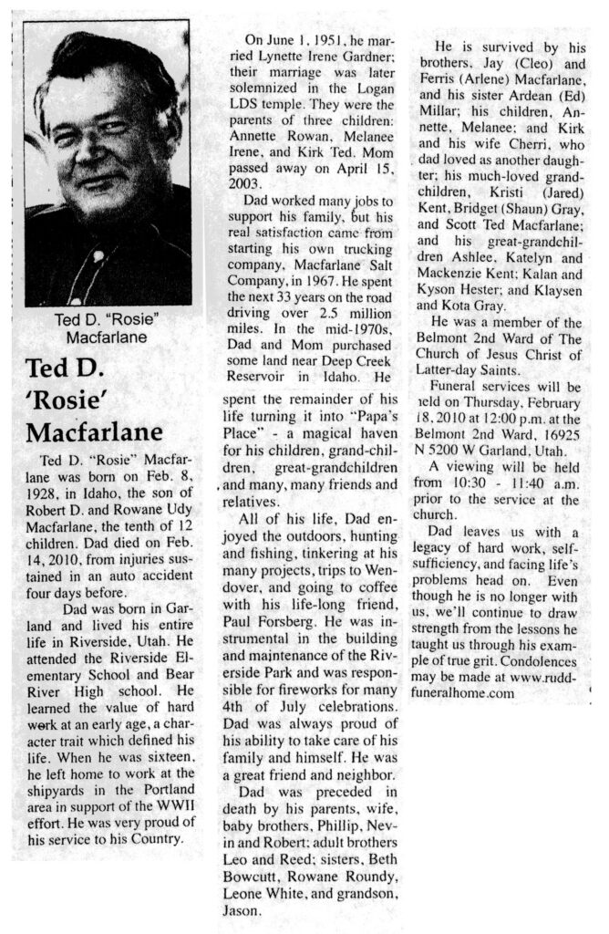 Ted D (Rosie) Macfarlane obit
