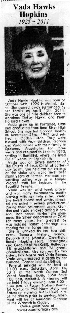 Vada Hawks Hopkins obit