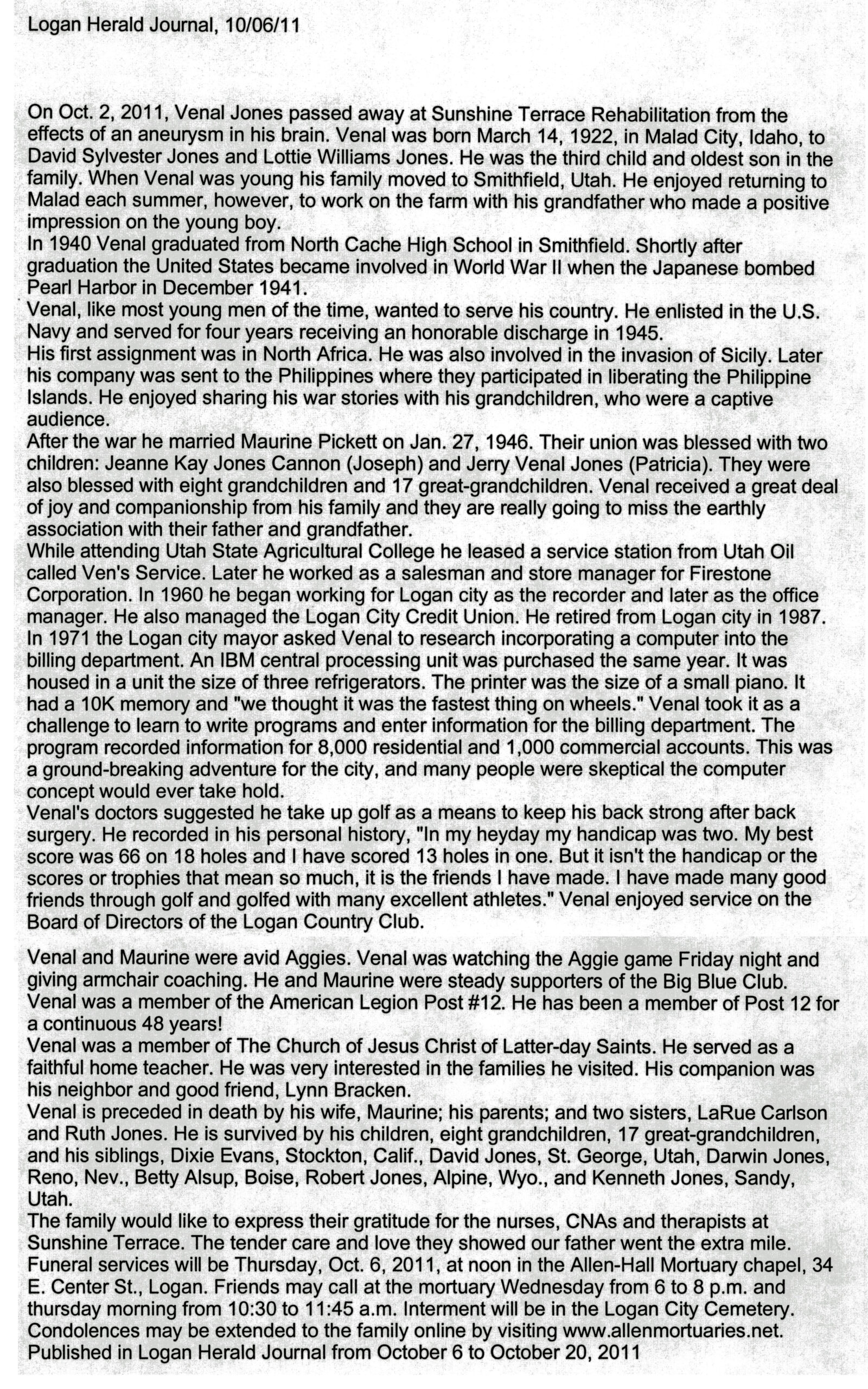 Venal Jones obit