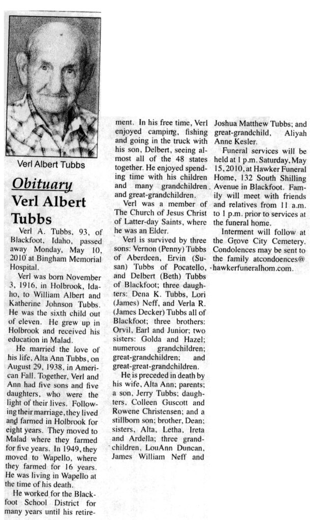 Verl Albert Tubbs obit