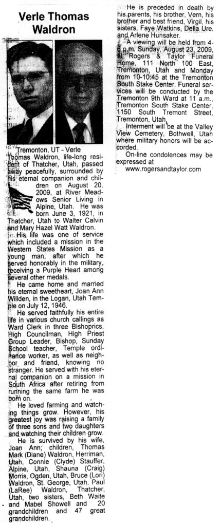 Verle Thomas Waldron obit