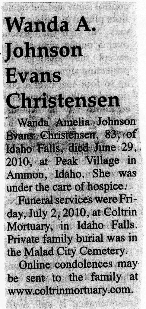 Wanda Amelia Johnson Evans Christensen funeral notice