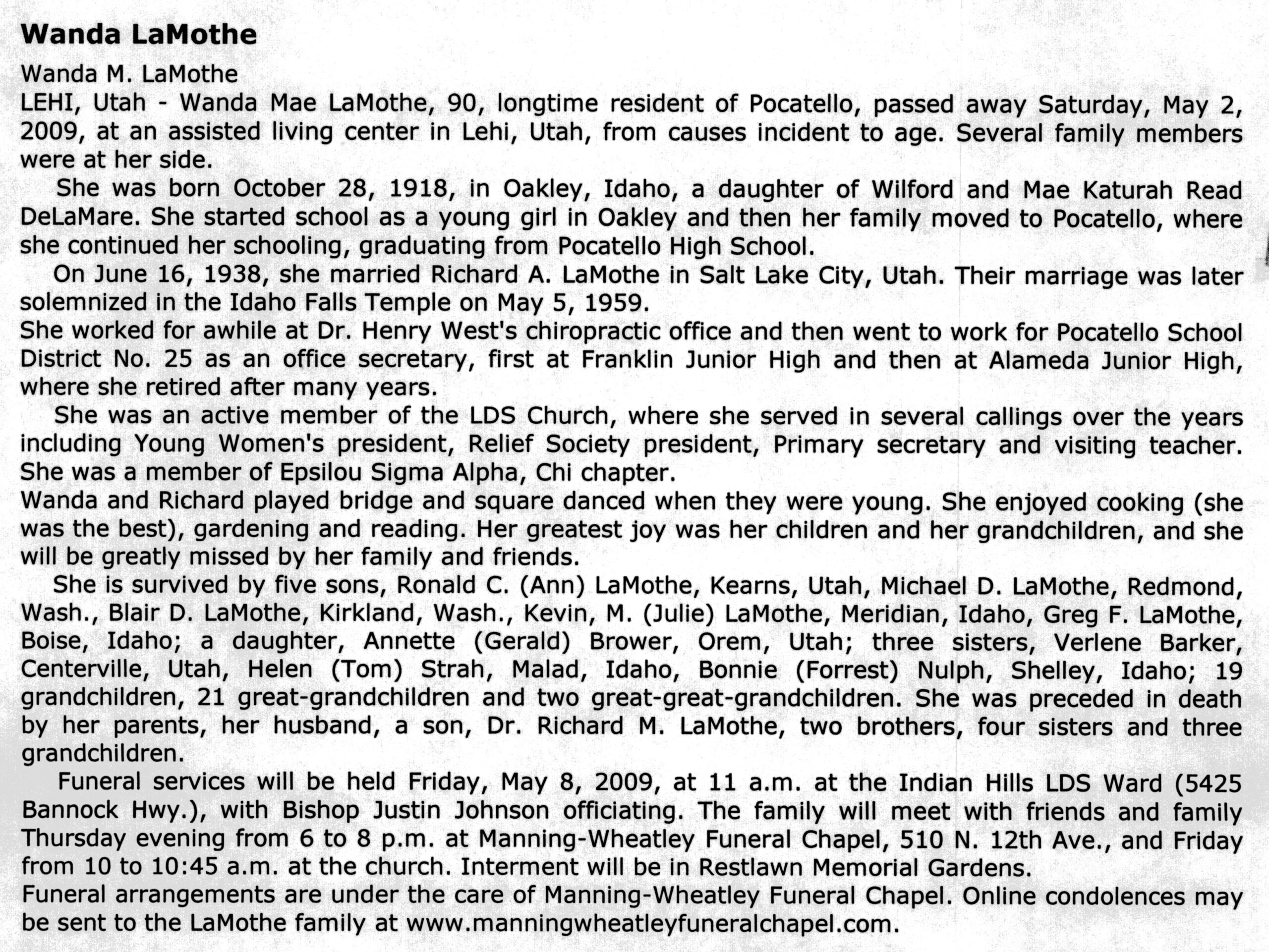 Wanda Mae LaMothe obit