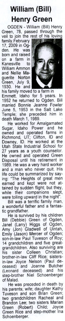 Wiliam (Bill) Henry Green obit