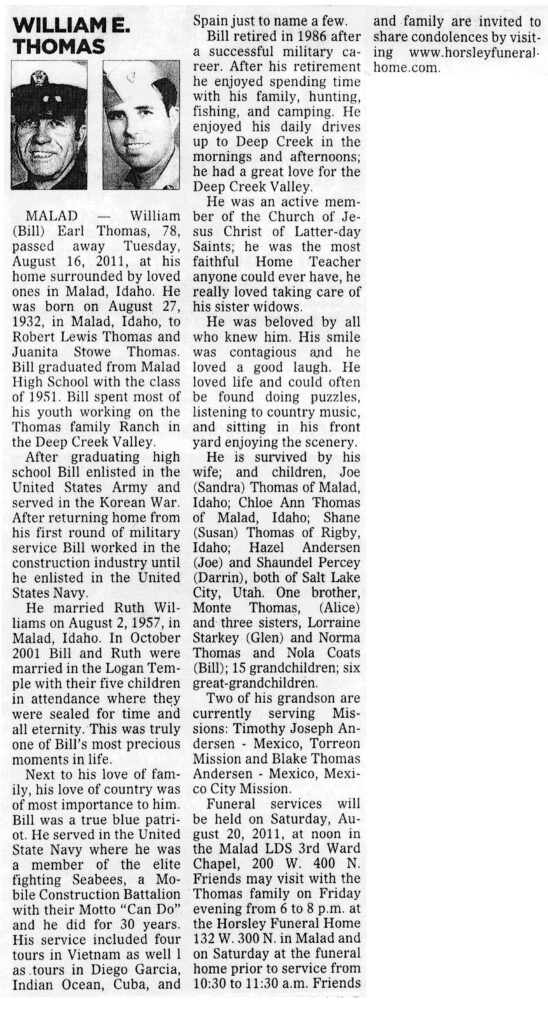William (Bill) Earl Thomas obit