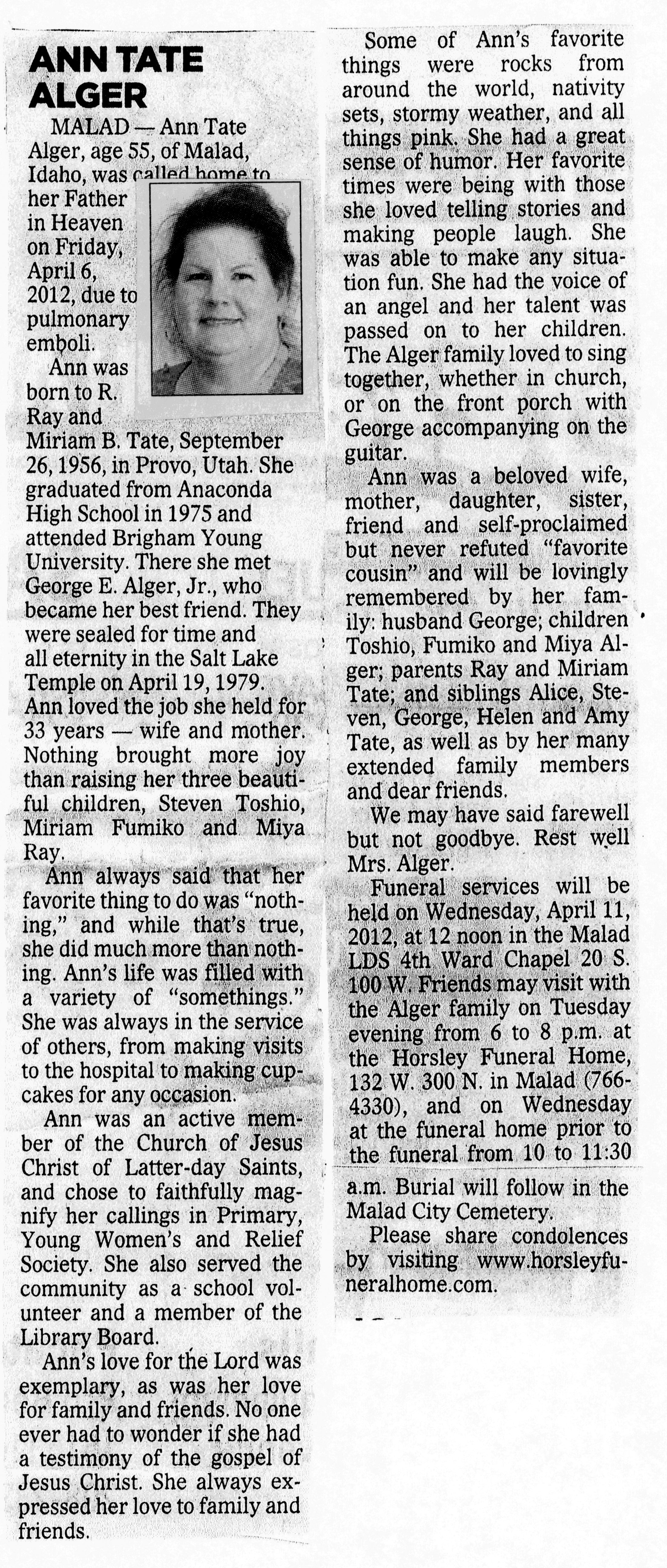 Ann Tate Alger obit