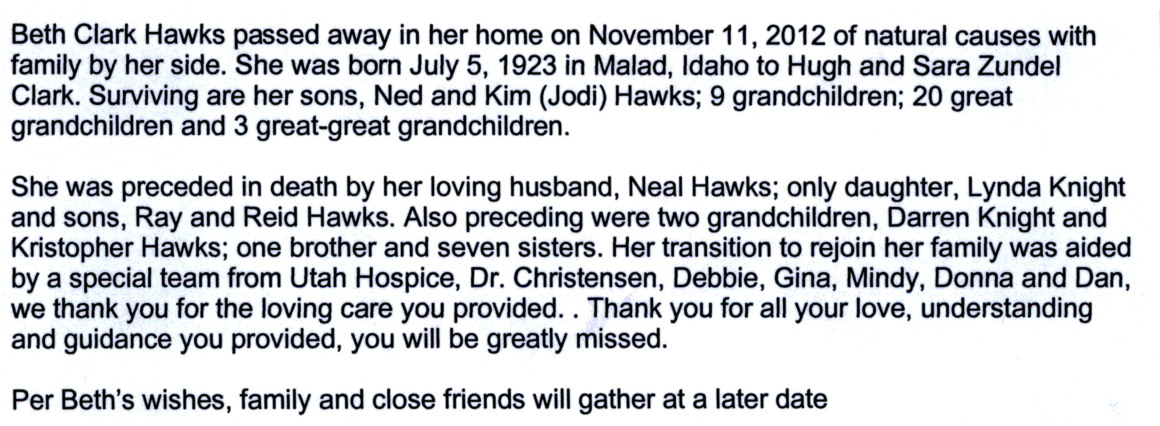 Beth Clark Hawks obit