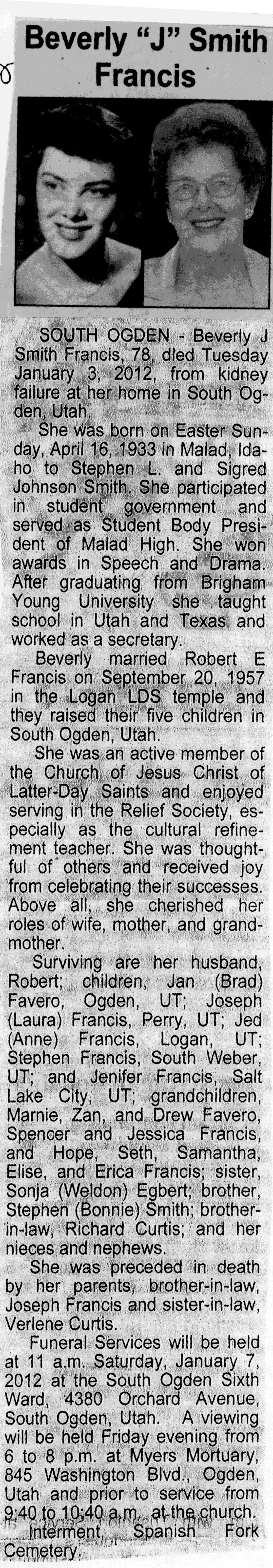 Beverly J Smith Francis obit