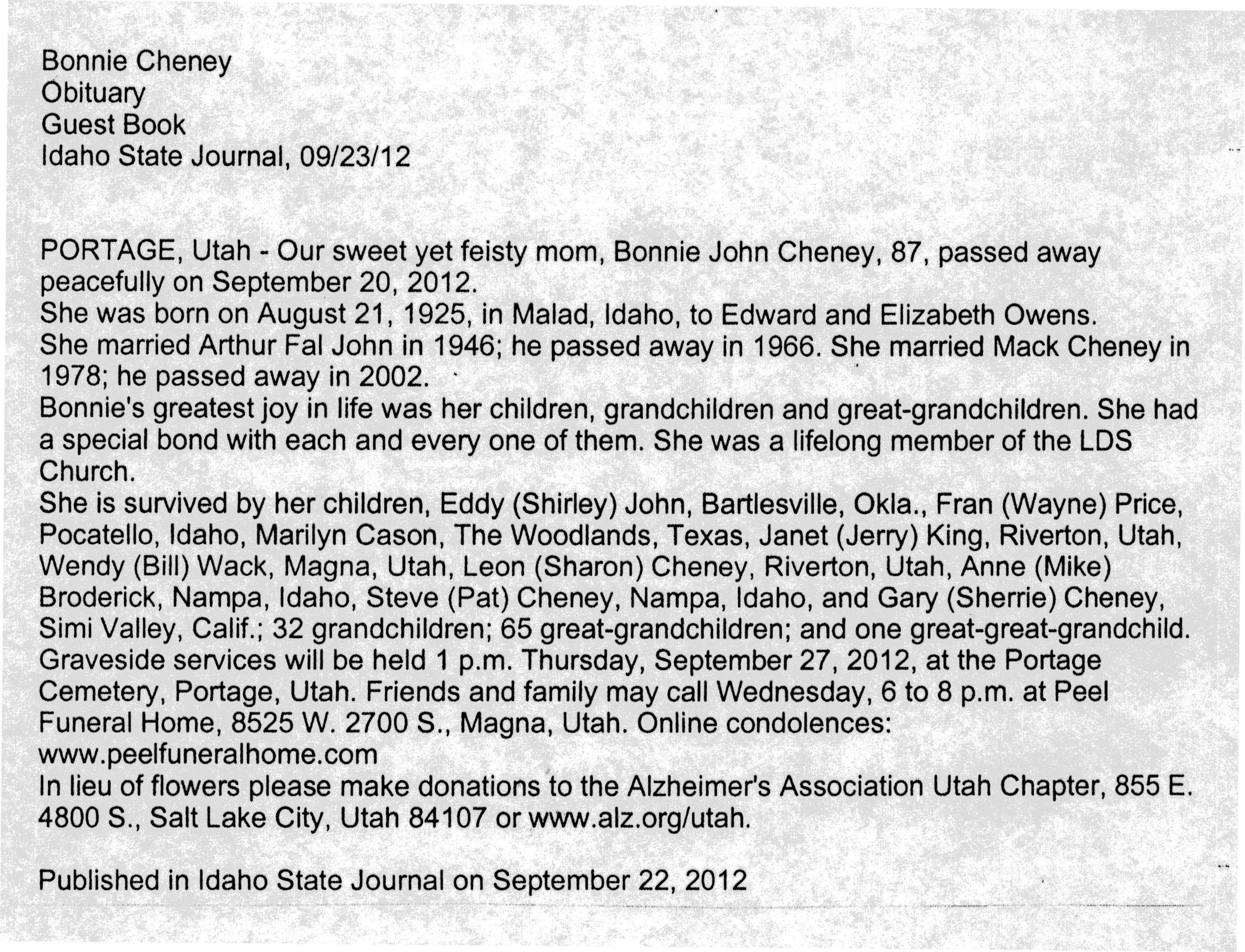 Bonnie John Cheney obit