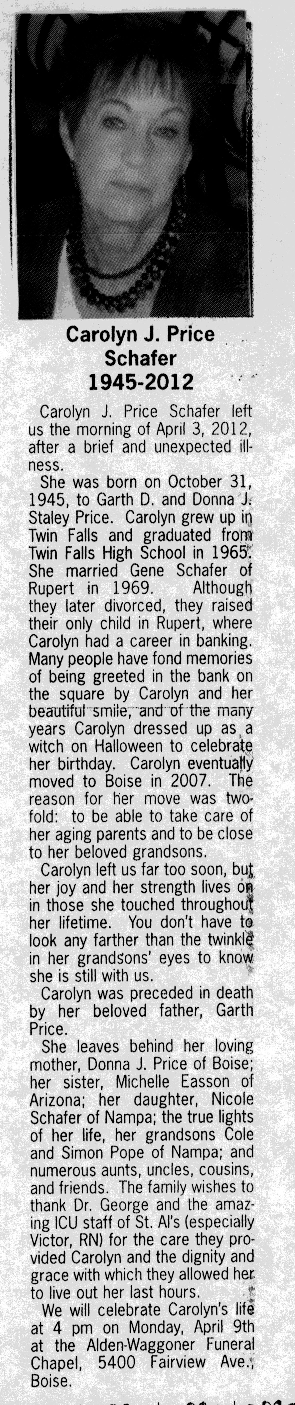 Carolyn J Price Schafer obit