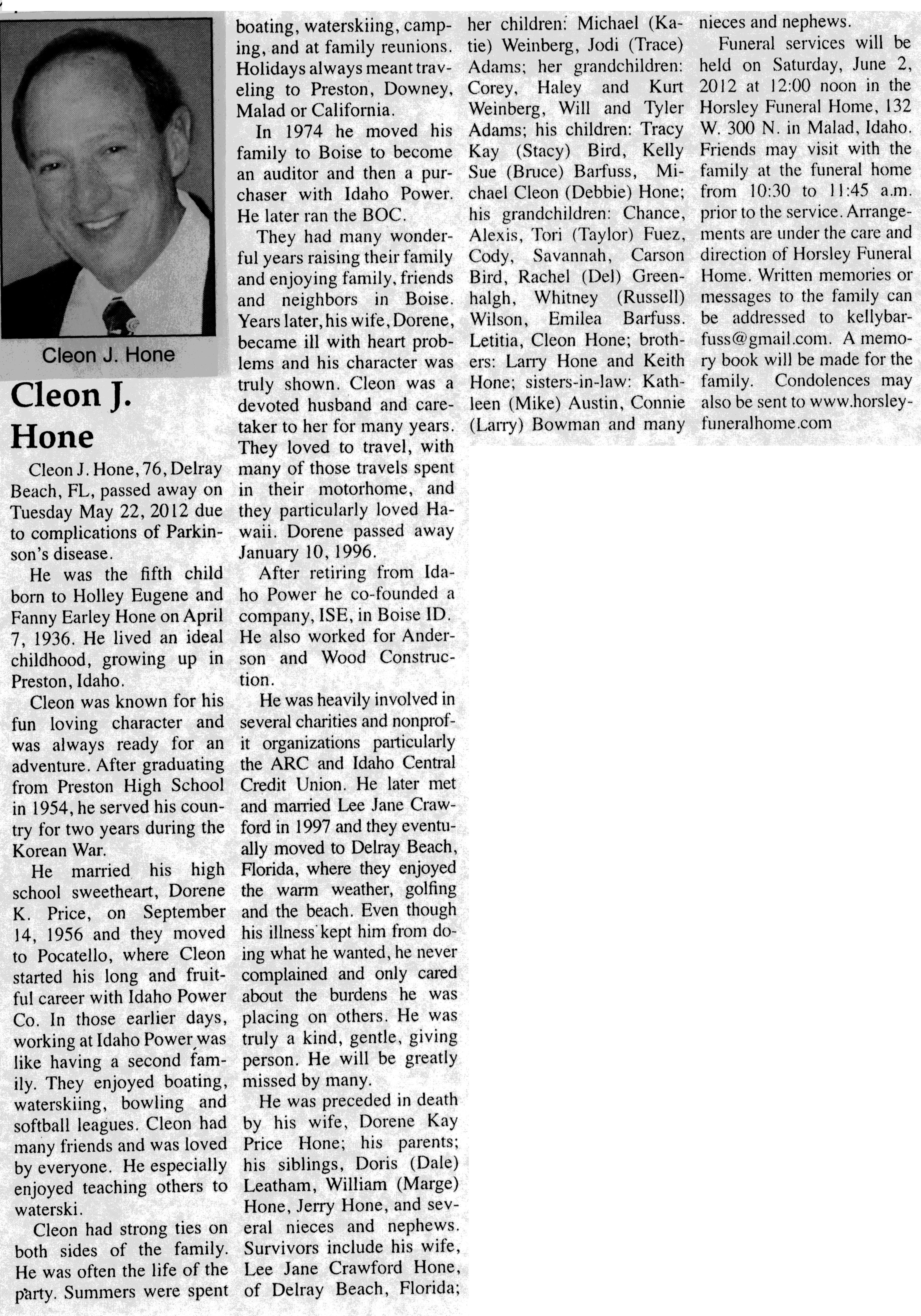 Cleon J Hone obit