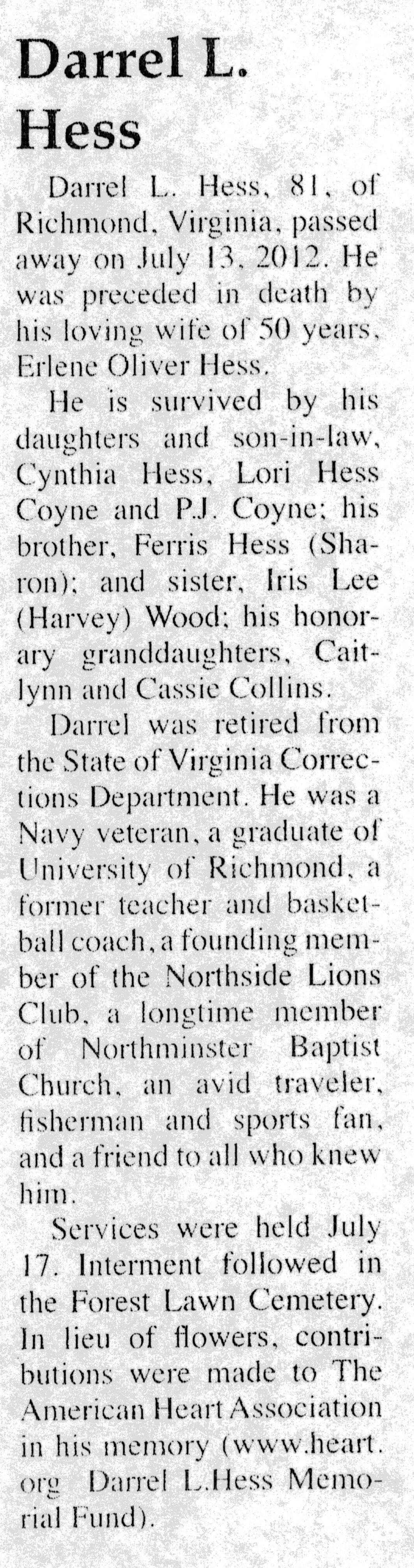 Darrel L Hess obit