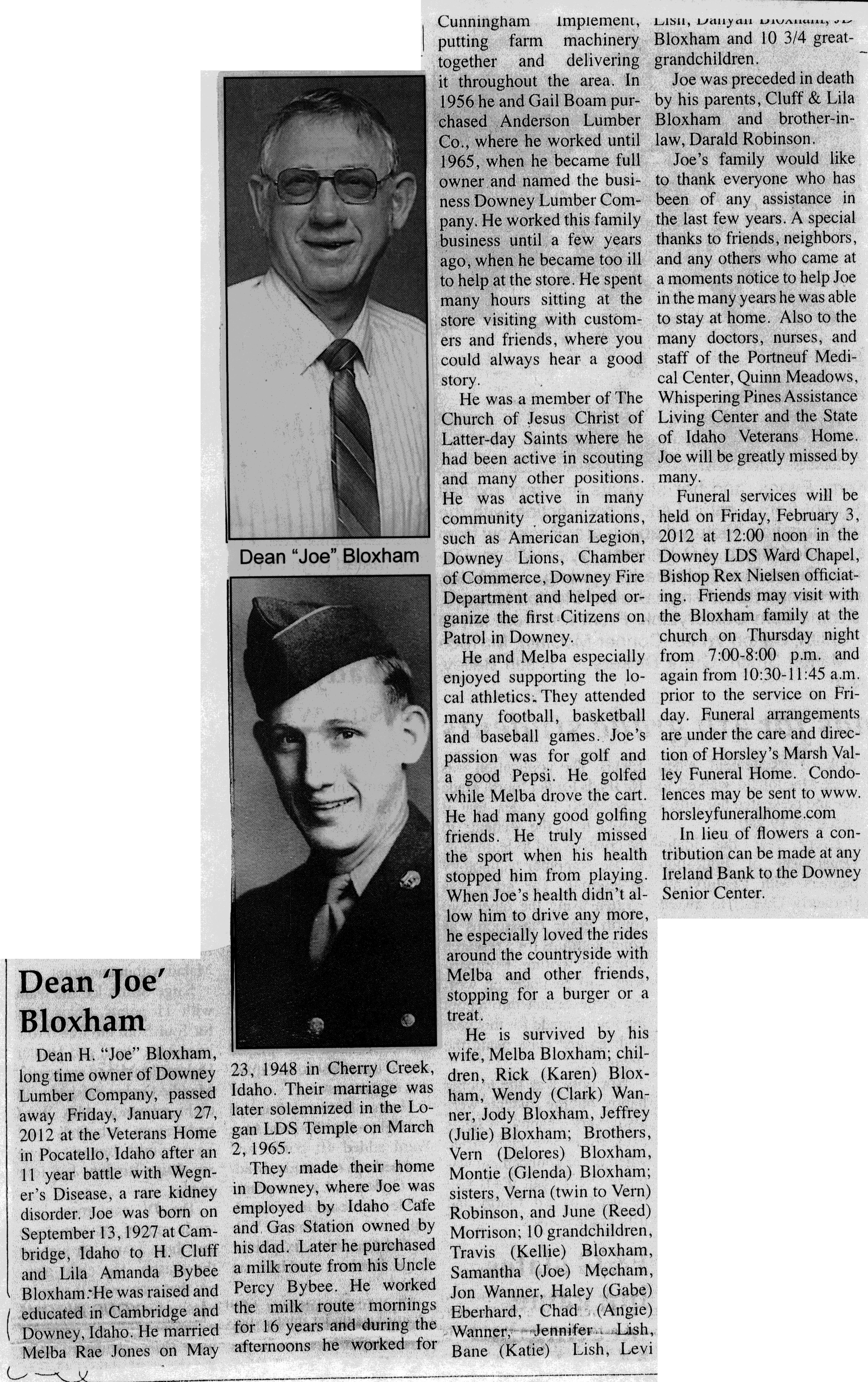 Dean H (Joe) Bloxham obit